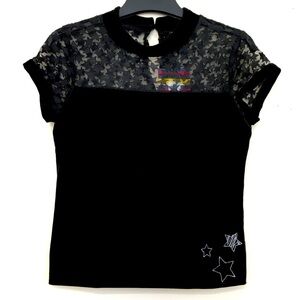 NOWADAYS Black Velvet & semi-sheer stars lace short sleeves top